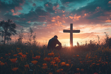 Man praying for the cross of Jesus Christ.