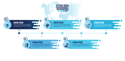 Infographic eco water blue design elements process 5 steps or options parts with water bottle.Ecology organic nature vector business template for presentation.