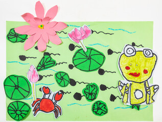 Children's hand-drawn illustration tadpole looking for mommy