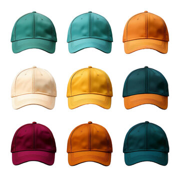 Maquetas de gorras de beisbol de distintos colores sin fondo, gorras simples en un fondo transparente