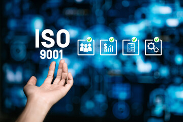 ISO 9001 certification concept with icons symbolizing team management, financial growth, documentation, and operational efficiency, presented on a digital background.