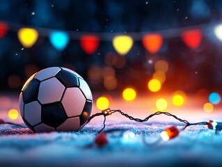 Fototapeta premium A vibrant soccer ball surrounded by colorful holiday lights, capturing the festive spirit and excitement of the game.