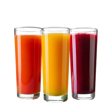 Vasos altos con jugos naturales en un fondo transparente, bebidas naturales de frutas sin fondo