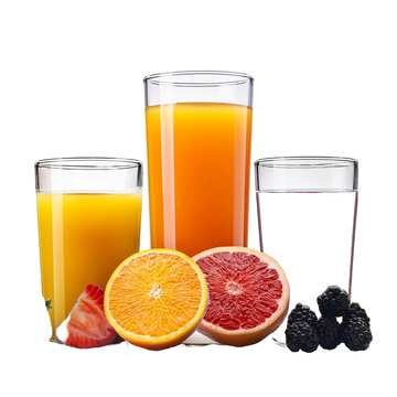 Vasos altos con jugos naturales en un fondo transparente, bebidas naturales de frutas sin fondo
