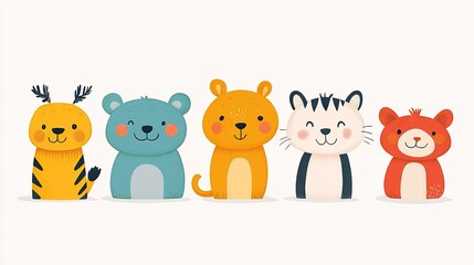 Obraz premium group of cartoon animals, neatly placed on a clean white background, with playful expressions and bold lines