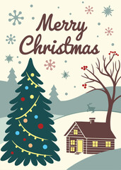 Charming Christmas Card Design with Festive Tree and Fireplace