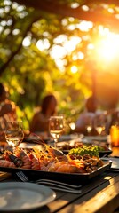 Obraz premium Delicious seafood platter served outdoors at sunset, featuring fresh dishes and elegant wine glasses for a delightful dining experience.