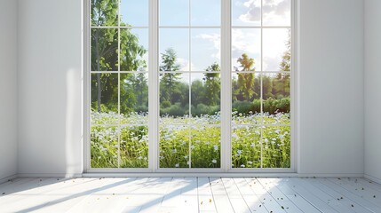 Summer landscape through window, white Scandinavian room, home design, copy space, 3D rendering.