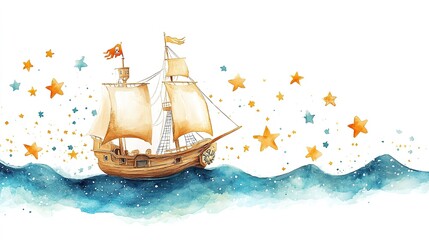 hand-drawn illustration of a whimsical pirate ship, sailing through a sea of stars, isolated on a clean white background for a children book cover