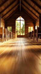 A serene interior view of a wooden church showcasing light streaming through large windows, creating a peaceful atmosphere.