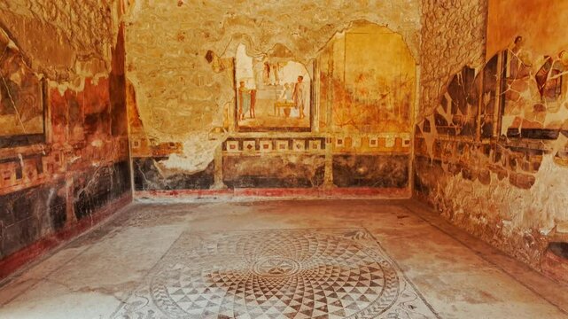 Jason and Pelias painting in the Great Hall of House of the Golden Cupids (Casa degli Amorini Dorati), Pompeii, Naples, Campania, Italy