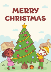 Festive Christmas Card Featuring a Decorated Tree and Cozy Fireplace