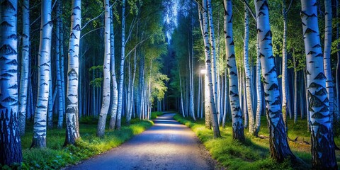 Fototapeta premium Moonlight paints a silver path through the ethereal birch forest.