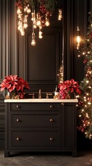 A beautifully styled bathroom with modern cabinetry, festive decorations, and warm lighting, perfect for the holiday season.