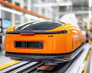 A sleek, orange prototype electric vehicle showcased in a modern manufacturing facility, highlighting innovative automotive design.