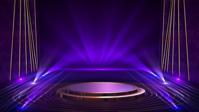 Luxury stage concept Cyber Digital event technology podium blue backdrop for game AI event products presentation. Carnival Stage Copy space for Entertainment. corporate events 3D 4K lighting virtual