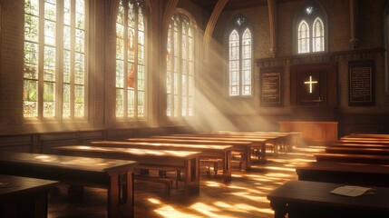 Fototapeta premium A serene interior of a church with sunlight streaming through stained glass windows.