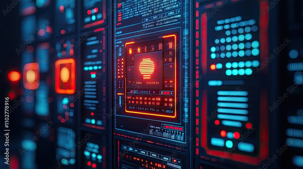 Poster Futuristic computer circuit boards with glowing lights in a digital setting.