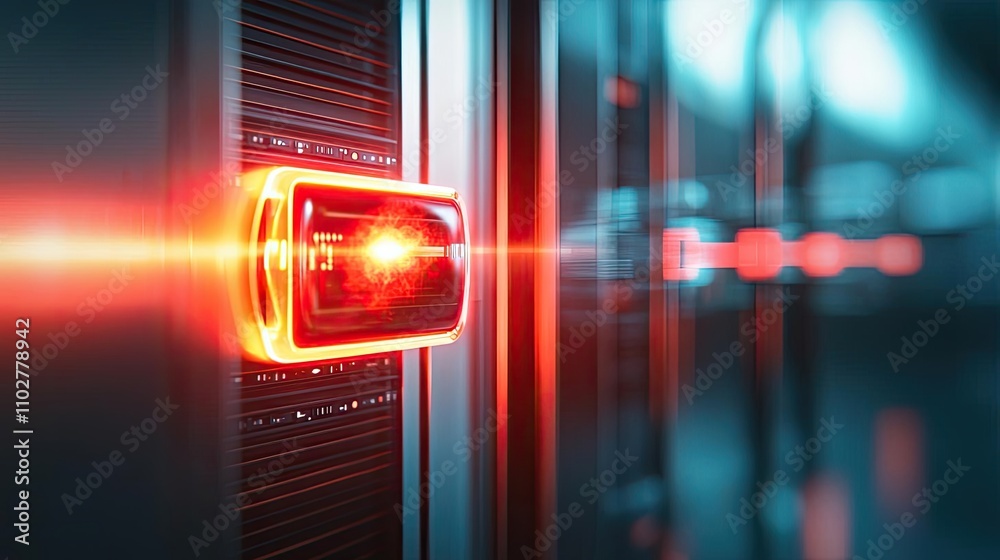 Aufkleber Futuristic server interface with glowing red element in a data center.