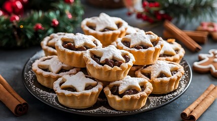 Mini holiday mince pies dusted with powdered sugar, served on white plate with cinnamon sticks and festive red napkin