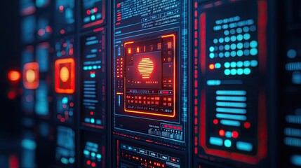 Obraz premium Futuristic computer circuit boards with glowing lights in a digital setting.