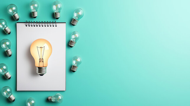 glowing light bulb on notepad surrounded by other bulbs creates inspiring atmosphere. This symbolizes creativity and innovation