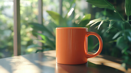 Obraz premium bright orange coffee mug sits on wooden table surrounded by lush green plants, creating warm and inviting atmosphere perfect for relaxation