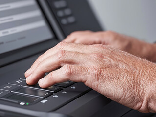 Hands typing on modern printer, showcasing technology and productivity. focus is on fingers interacting with device, emphasizing efficiency and innovation
