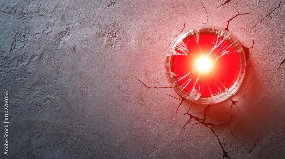 Poster red warning light glowing in broken concrete wall, emphasizing alertness and danger.