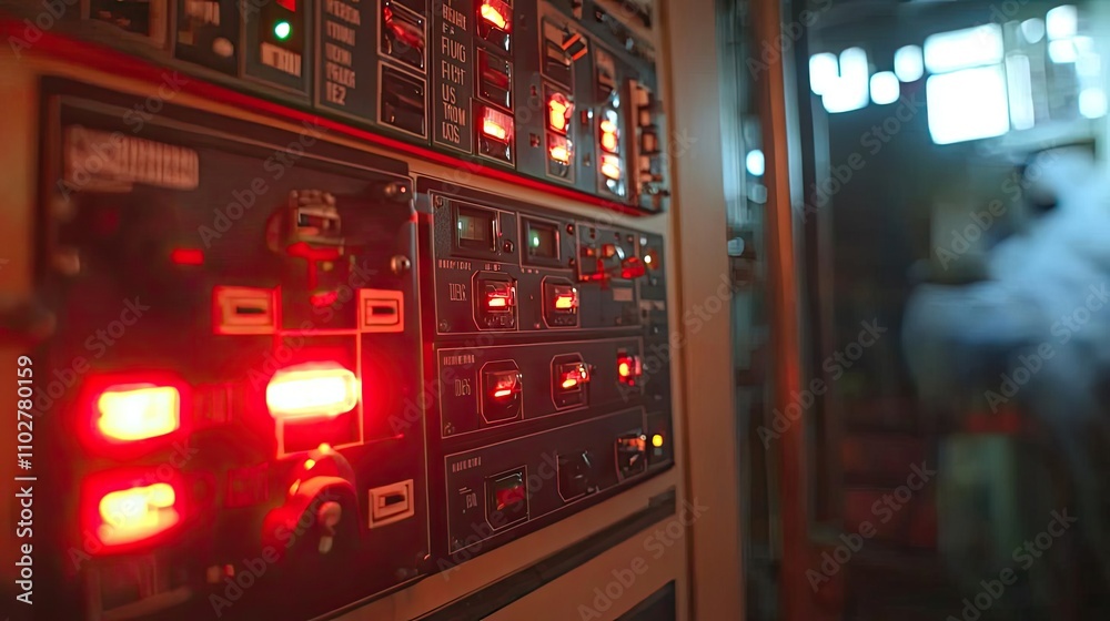 Poster control panel with glowing red buttons and switches, industrial setting, blurred background.