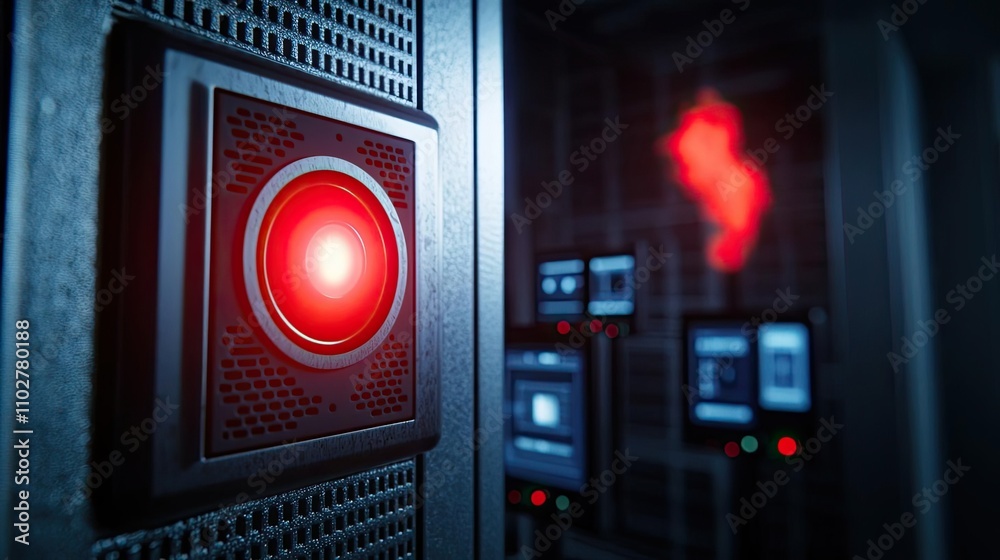 Aufkleber close-up of a red alert light in a high-tech server room with glowing screens.