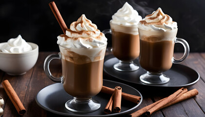 Coffee drink with cinnamon stick and whipped cream served in clear glasses on dark background
