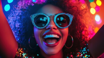 A joyful woman with curly hair wears stylish sunglasses, surrounded by colorful lights, exuding fun and excitement.