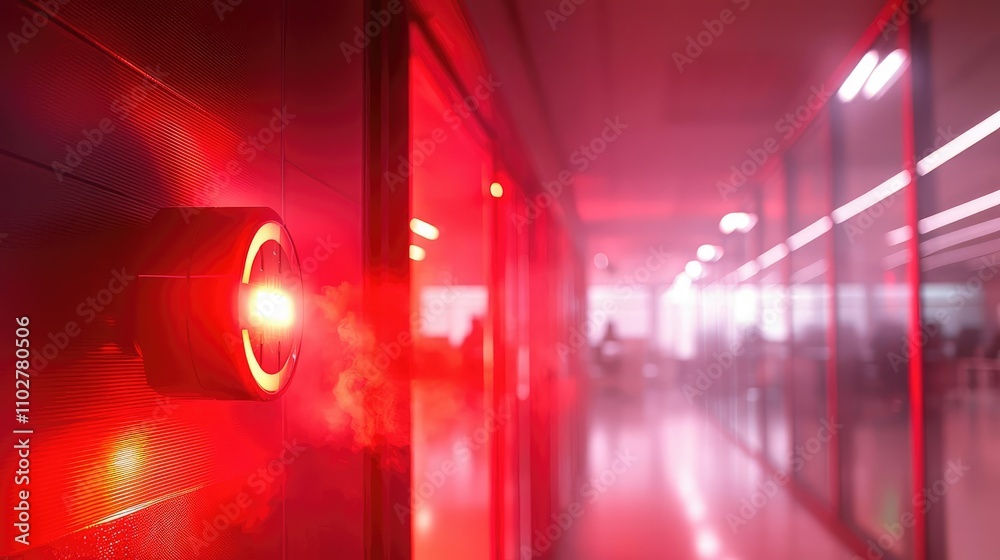 Poster red alarm light in a modern office environment with blurred background.