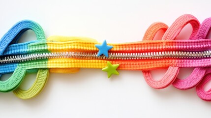 A vibrant, colorful zipper design with star-shaped pulls, showcasing creativity and playfulness.