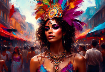 Vibrant Carnival Celebration with Colorful Feathered Headpiece