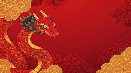 Chinese New Year Frame and background theme, A vibrant red dragon emerges against a backdrop of swirling clouds, embodying strength and power in traditional Asian art.