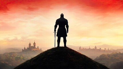Heroic knight silhouetted against a vibrant sunset, standing on a hilltop.