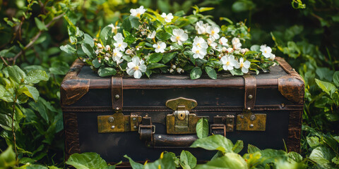 Reviving vintage charm old leather trunk adorned with blooming flowers in a lush garden setting for a whimsical home decor concept