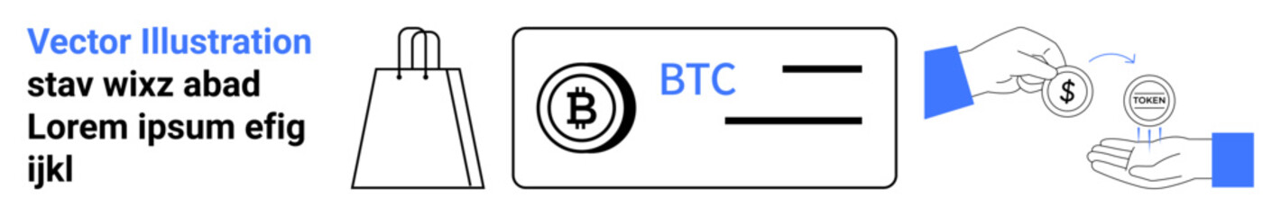 Bitcoin icon with BTC text, shopping bag, and hands exchanging dollar and Bitcoin coins. Ideal for e-commerce, cryptocurrency, digital transactions, modern payment, online shopping, financial tech