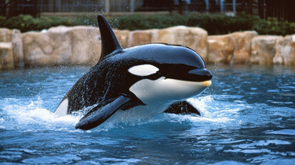 Obraz premium huge orca swimming gracefully in clear blue water, showcasing its striking black and white colors. scene captures beauty and majesty of this marine mammal