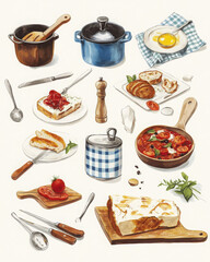 Sunday brunch preparation vintage cookbook illustration home kitchen culinary art cozy environment aerial view nostalgic gingham pattern