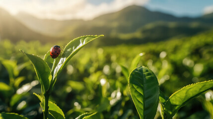 ladybug rests on tea leaf in lush green field, surrounded by mountains. soft sunlight creates serene atmosphere, highlighting beauty of nature