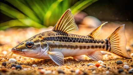 Fototapeta premium The miniature Otocinclus Macrospilus, a peaceful algae scraper, rests calmly on the tank's sandy floor.