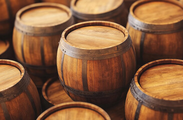 Wooden barrels stacked together, showcasing their rich texture and craftsmanship. These barrels are perfect for aging beverages, adding character and depth to contents inside