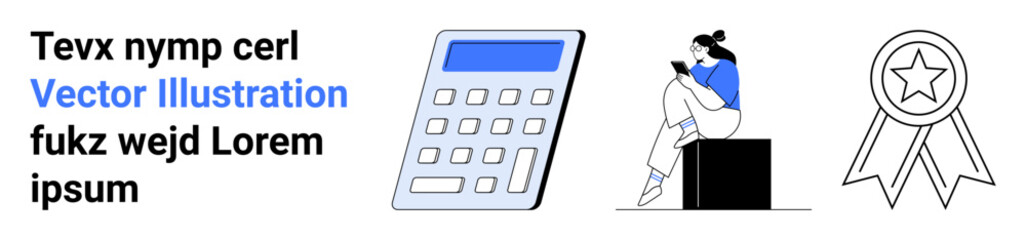 Calculator, person sitting and reading, award ribbon, placeholder text for design purposes. Ideal for educational content, productivity tools, financial apps, e-learning, achievement recognition