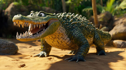Fototapeta premium realistic 3D crocodile character in vibrant African setting, showcasing its detailed scales and fierce expression. This captivating creature stands out in sandy environment