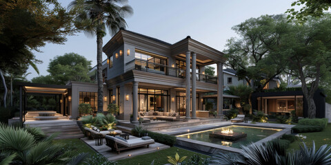 Fototapeta premium landscaping in front of the villa ornamental pools, and design sculptures in the garden. 
