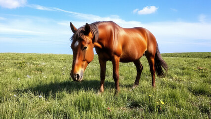 Fototapeta premium A horse grazes on a lush green pasture with a few wildflowers scattered around it, wildflowers, farm life, countryside scenery