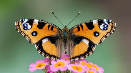 Vibrant Butterfly Displaying Stunning Orange and Black Coloring Perched on a Colorful Flower with a Soft Green Background